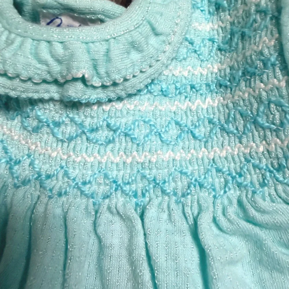 Vintage Carters Baby Girl Smocked Dress Set Blue Cat Applique Diaper Cover 1YR